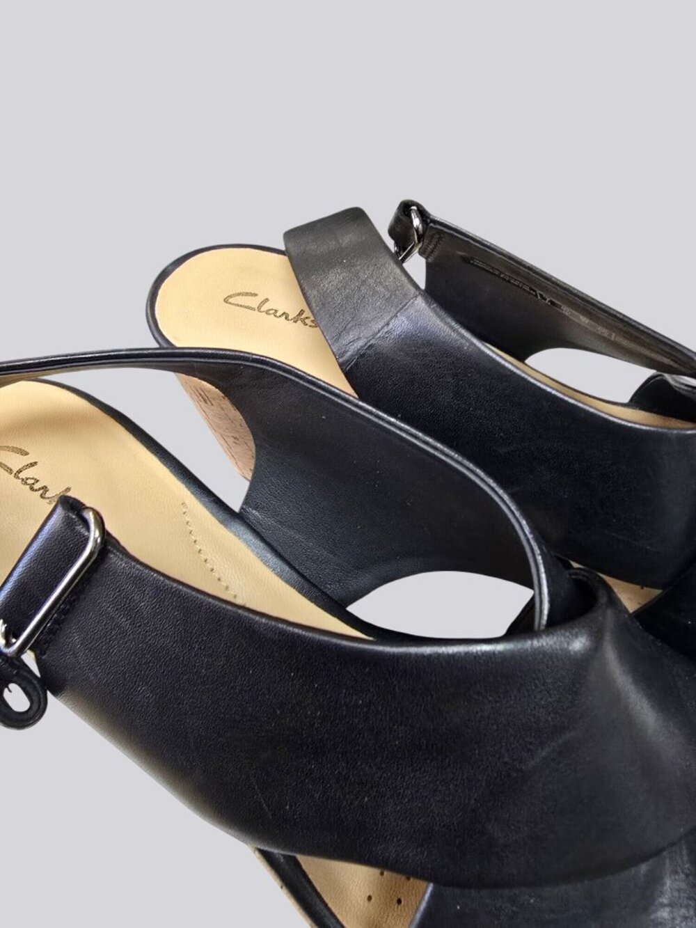 Clarks Black Leather Cork Wedge Sandals Adjustable Strap Size 9.5 M Women’s - Picture 7 of 11